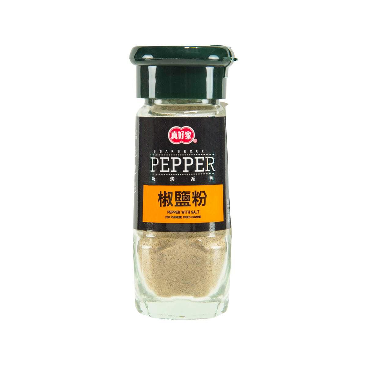 Pepper with salt seasoning jar, green cap, front label with orange band