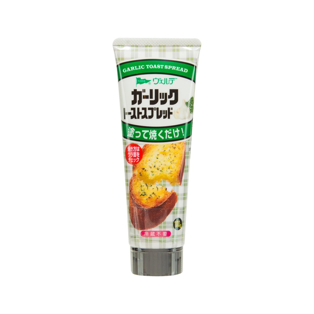 Garlic toast spread squeeze tube, green plaid label, clear cap