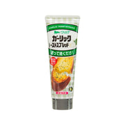 Garlic toast spread squeeze tube, green plaid label, clear cap