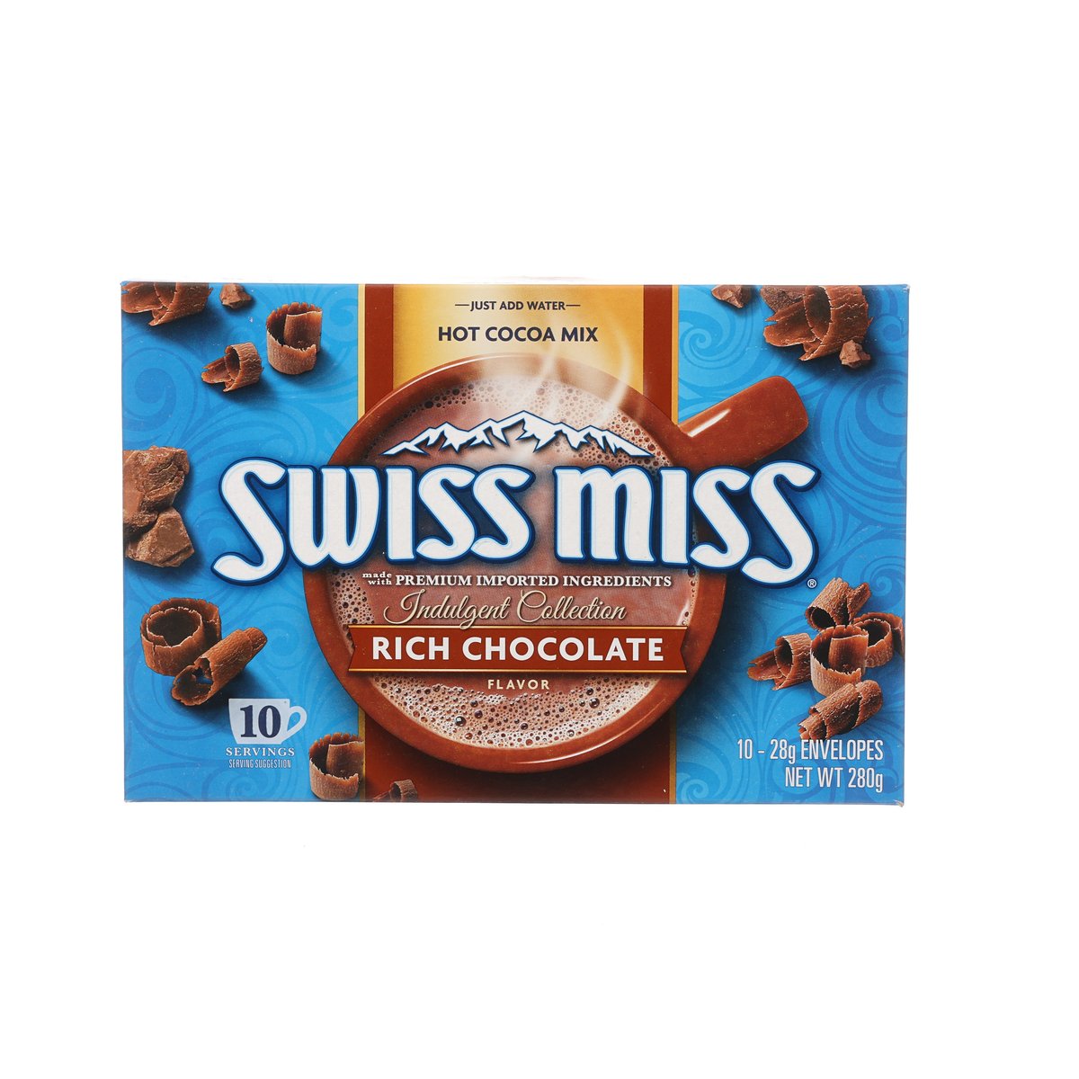 SWISS MISS hot cocoa mix box, rich chocolate flavor, blue package with cocoa imagery