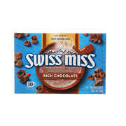 SWISS MISS hot cocoa mix box, rich chocolate flavor, blue package with cocoa imagery