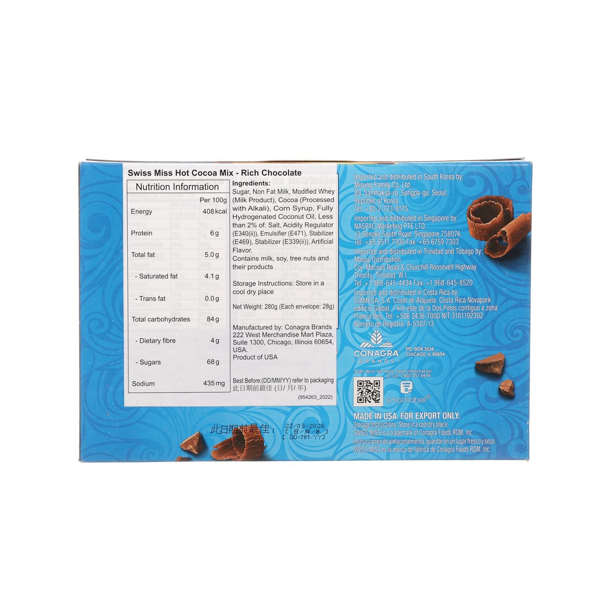 Back of SWISS MISS hot cocoa mix box, rich chocolate, blue with product details