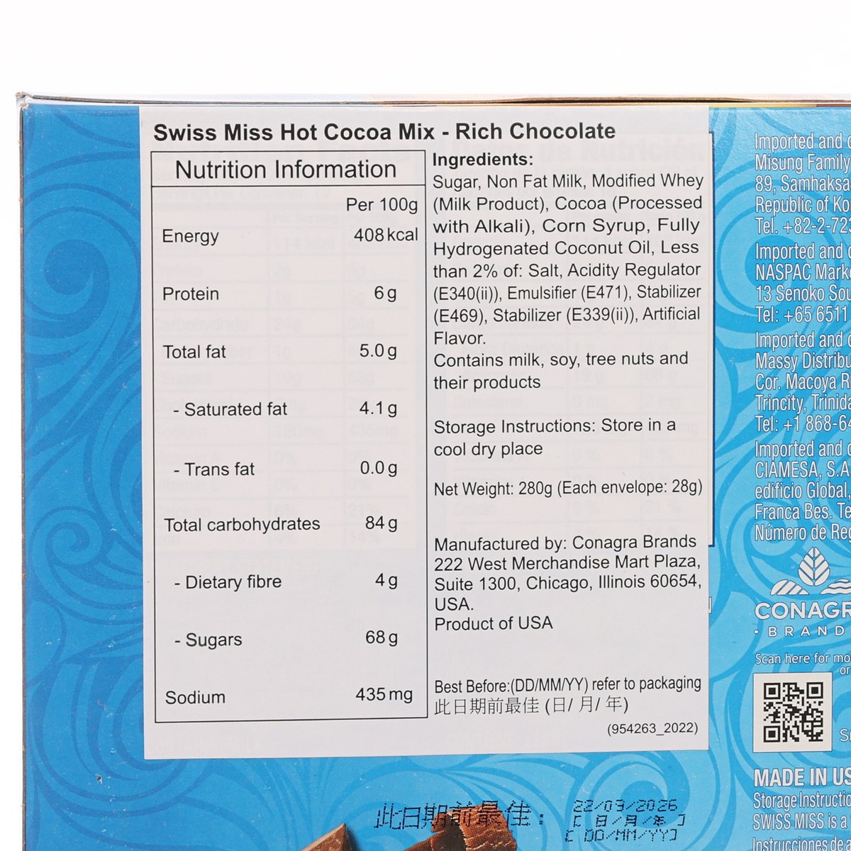 Nutrition facts panel on SWISS MISS hot cocoa mix box with rich chocolate flavor