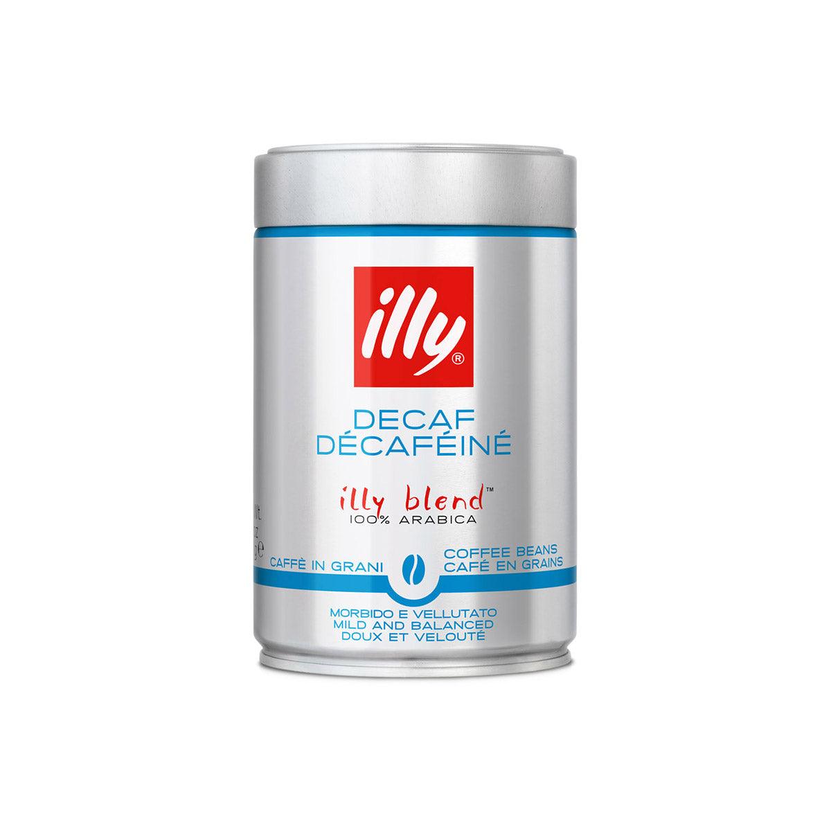 Decaffeinated whole bean coffee in silver metal can with illy logo and blue label