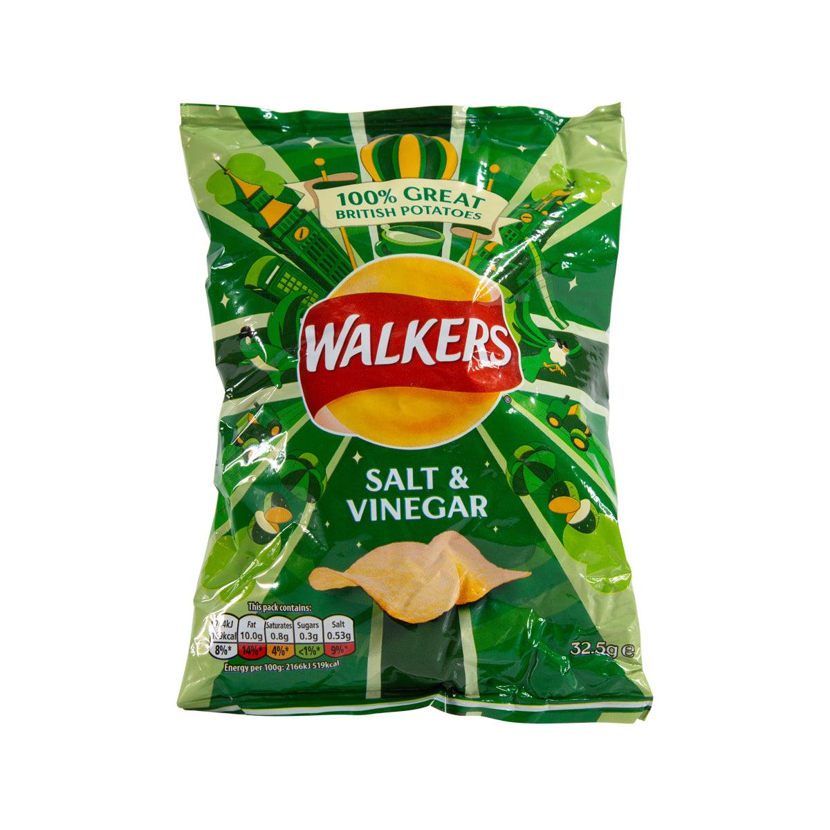 WALKERS Salt & Vinegar potato crisps bag, green front with logo and lemon graphic