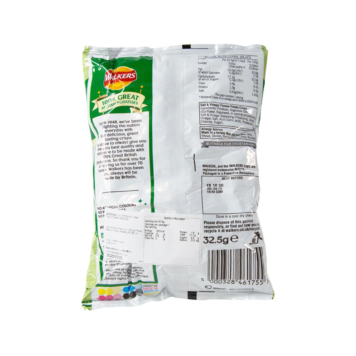 WALKERS Salt & Vinegar potato crisps bag, back with nutrition, barcode, and 32.5g label