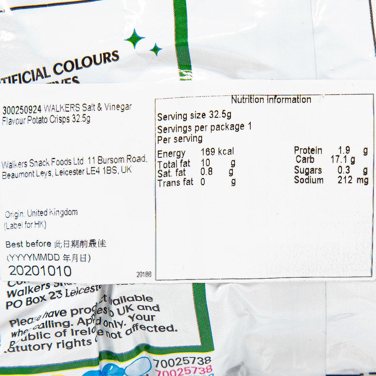 WALKERS Salt & Vinegar crisps nutrition information panel with energy and serving size