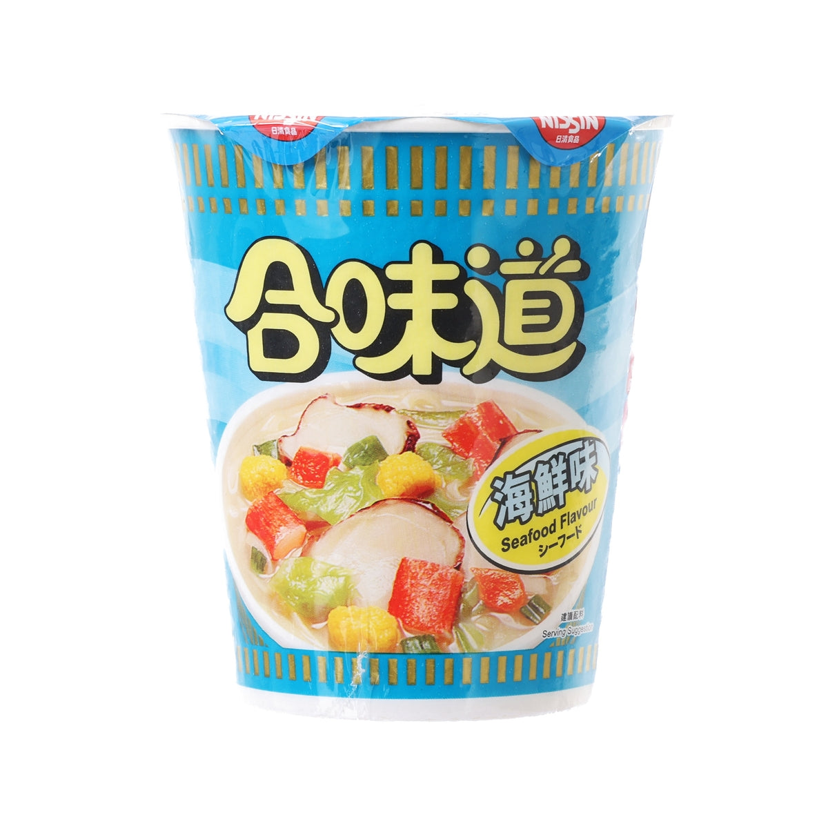 NISSIN Cup Noodles seafood flavor instant noodle cup, blue with seafood topping graphic