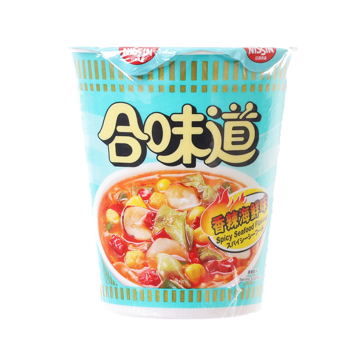 NISSIN Cup Noodles spicy seafood flavor instant noodle cup, light blue front