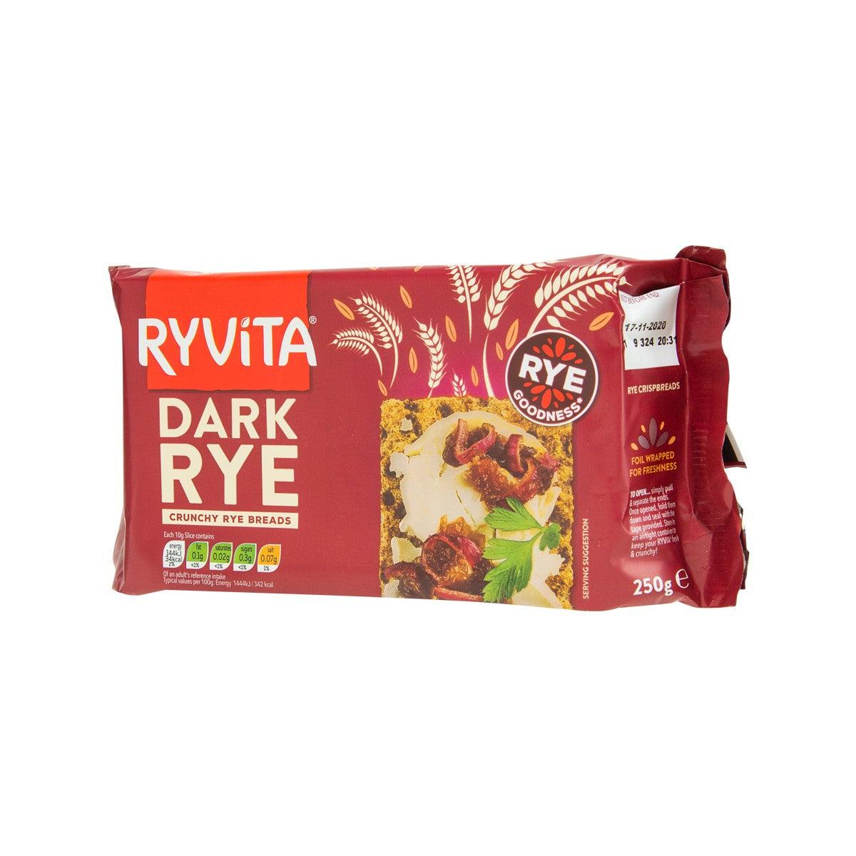 RYVITA Dark Rye crispbread pack with product image and nutrition badge, 250 g