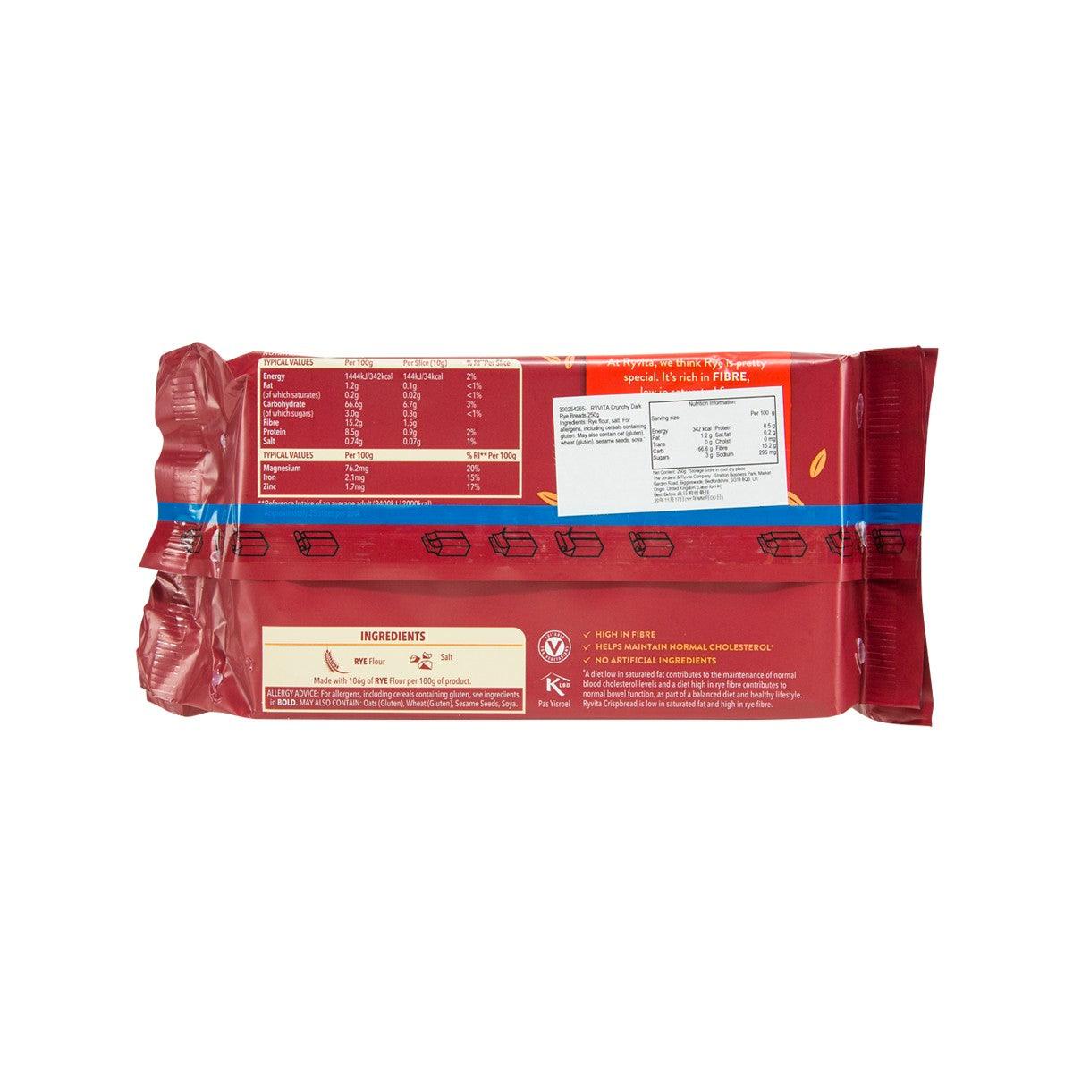 RYVITA Dark Rye crispbread pack back with ingredients and allergen panel