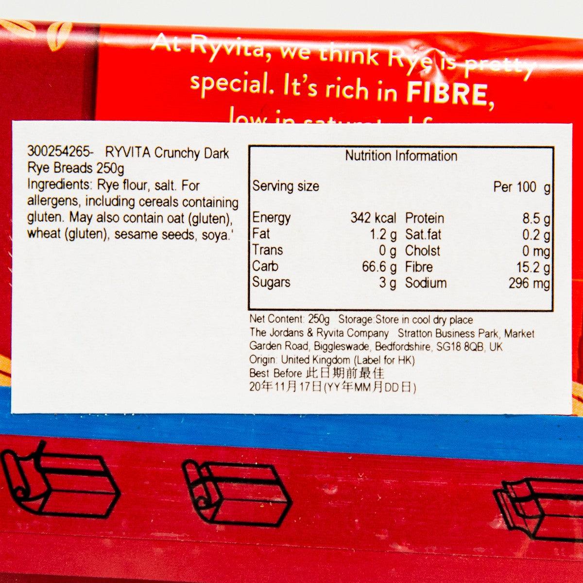 RYVITA Dark Rye nutrition facts panel on back of pack, 250 g