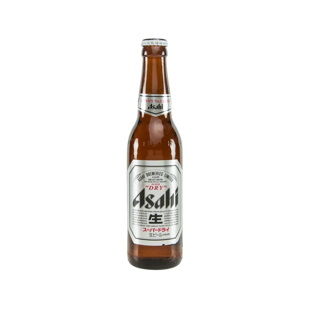 ASAHI Super Dry beer bottle, amber glass, front label