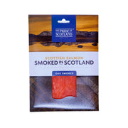 Scottish smoked salmon sliced pack in box, oak smoked, shown with red salmon slices