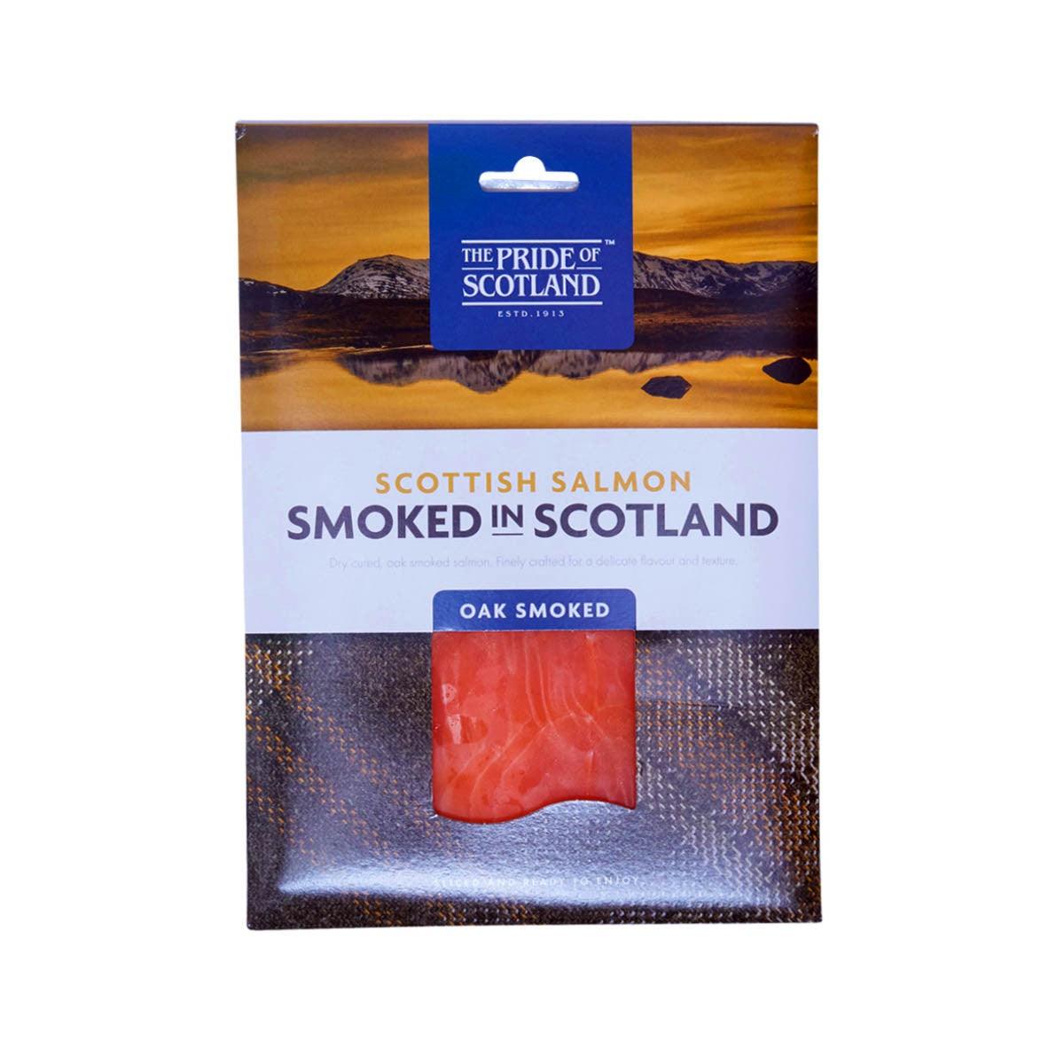 Scottish smoked salmon sliced pack in box, oak smoked, shown with red salmon slices