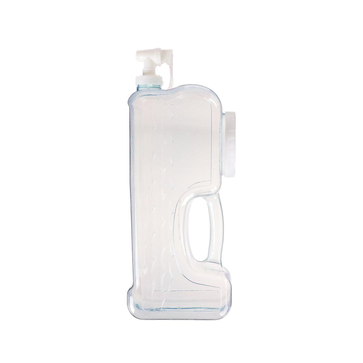 Clear beverage container with side carry handle and pump-style spout