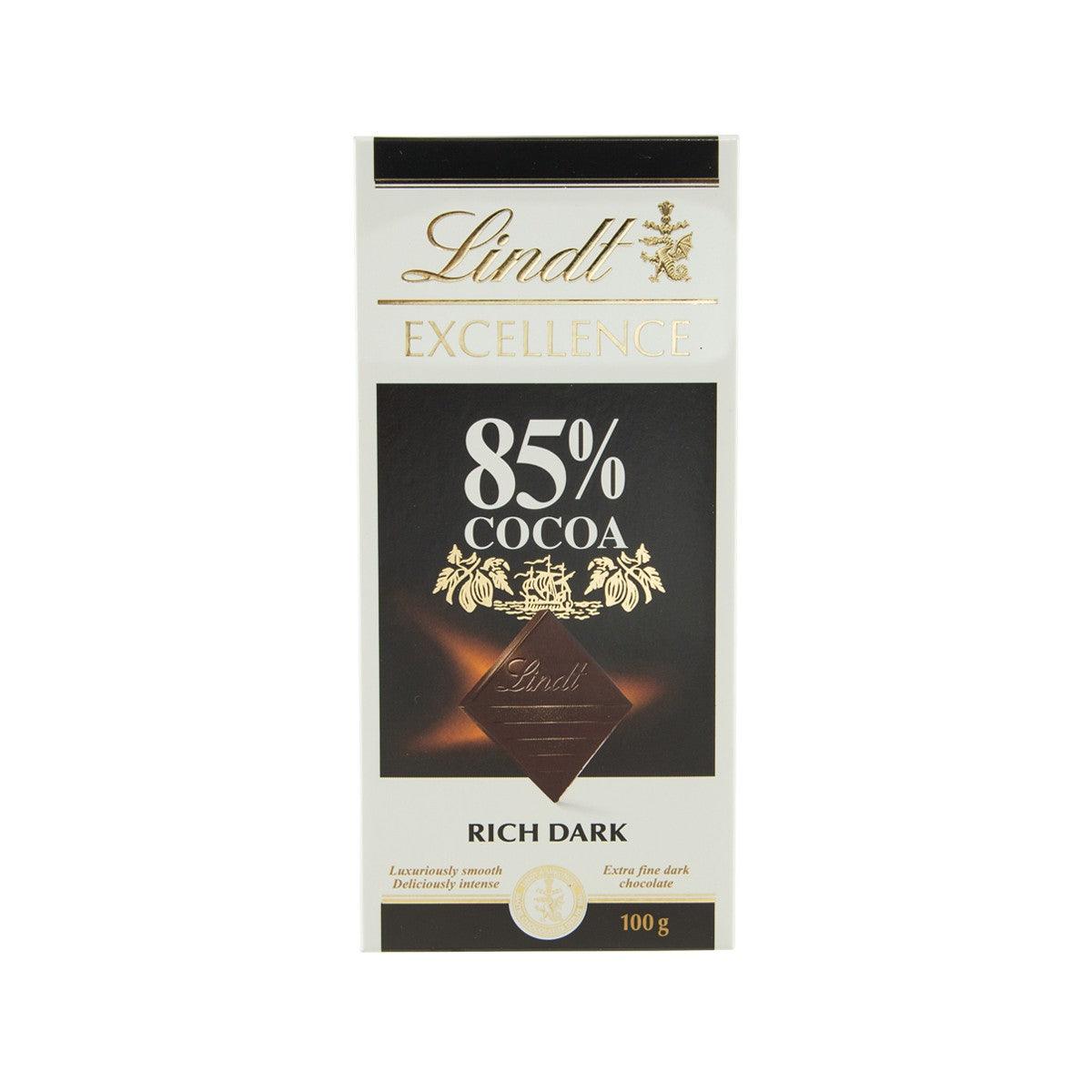 LINDT Excellence 85% cocoa dark chocolate bar, 100g front pack