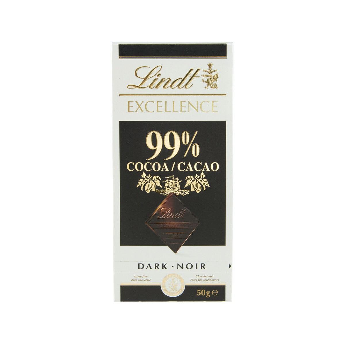 LINDT Excellence 99% dark chocolate 50g pack with 99% cocoa label
