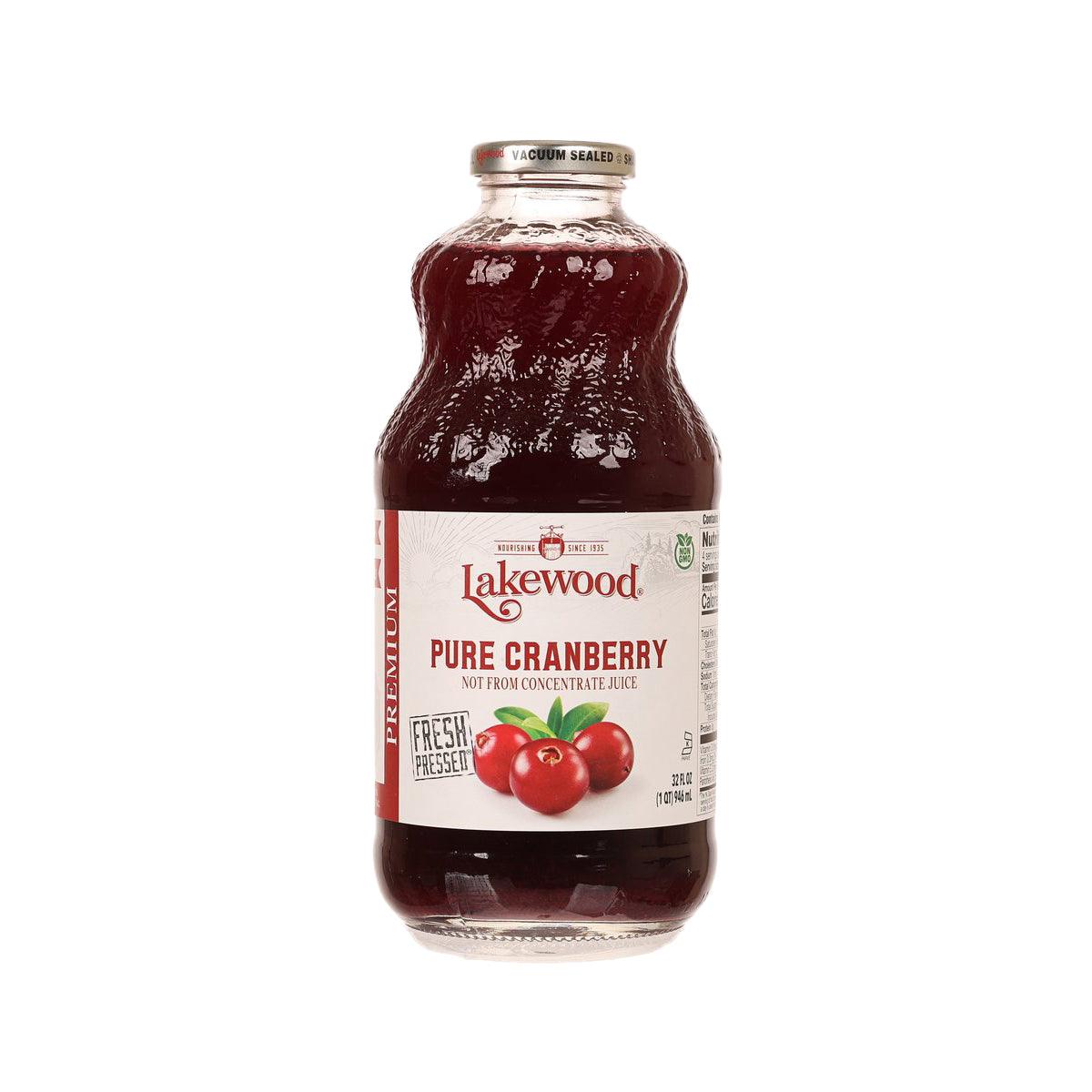 LAKEWOOD pure cranberry juice bottle, vacuum-sealed glass with dark red label