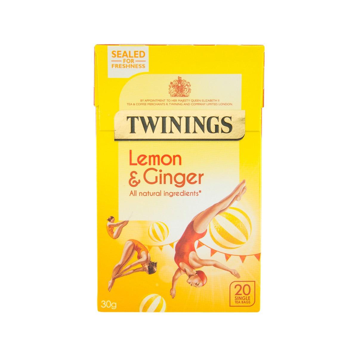 TWININGS Lemon & Ginger tea bags 30g, yellow box showing 20 sachets