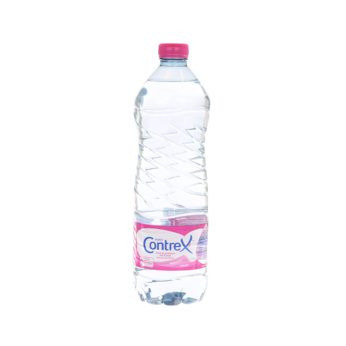 CONTREX natural mineral water 1L bottle, clear plastic with pink cap and front label