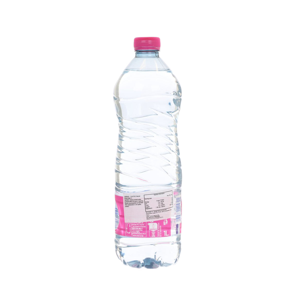 CONTREX natural mineral water 1L bottle, clear plastic with pink cap and back label