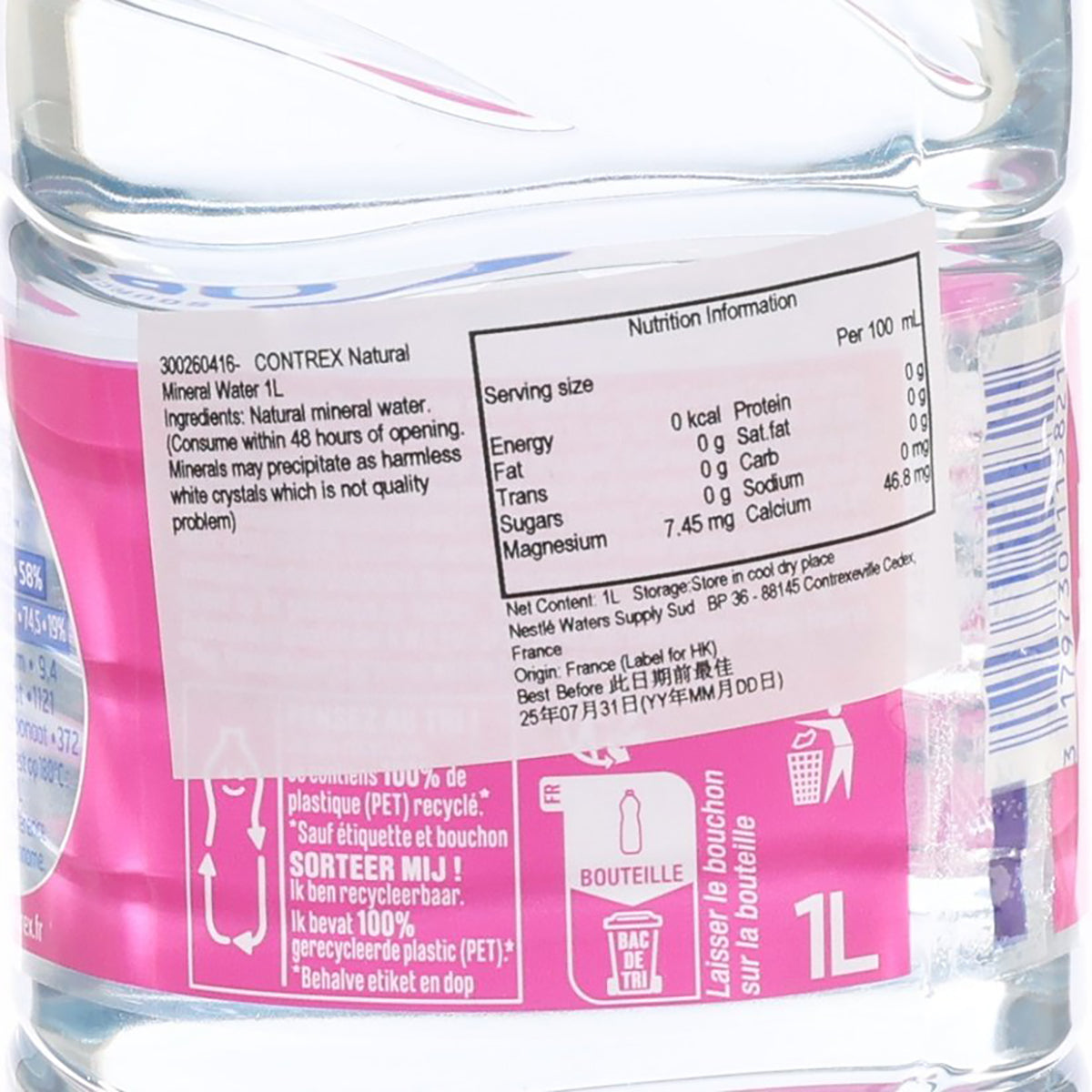 CONTREX natural mineral water 1L label close-up with nutrition facts and pink band