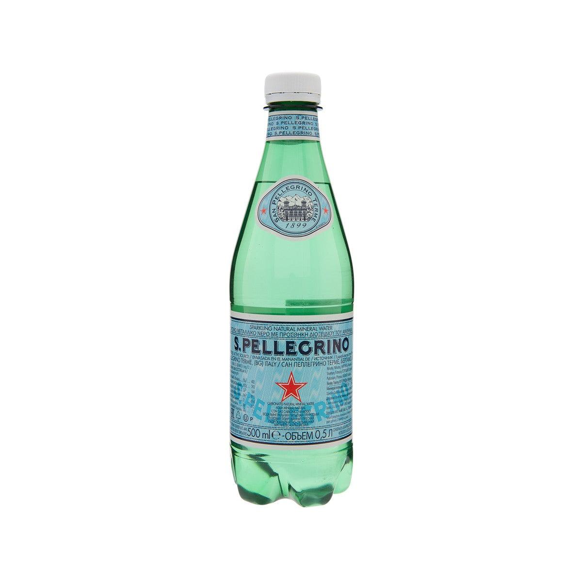 Sparkling mineral water bottle, 500 mL, green glass with blue front label