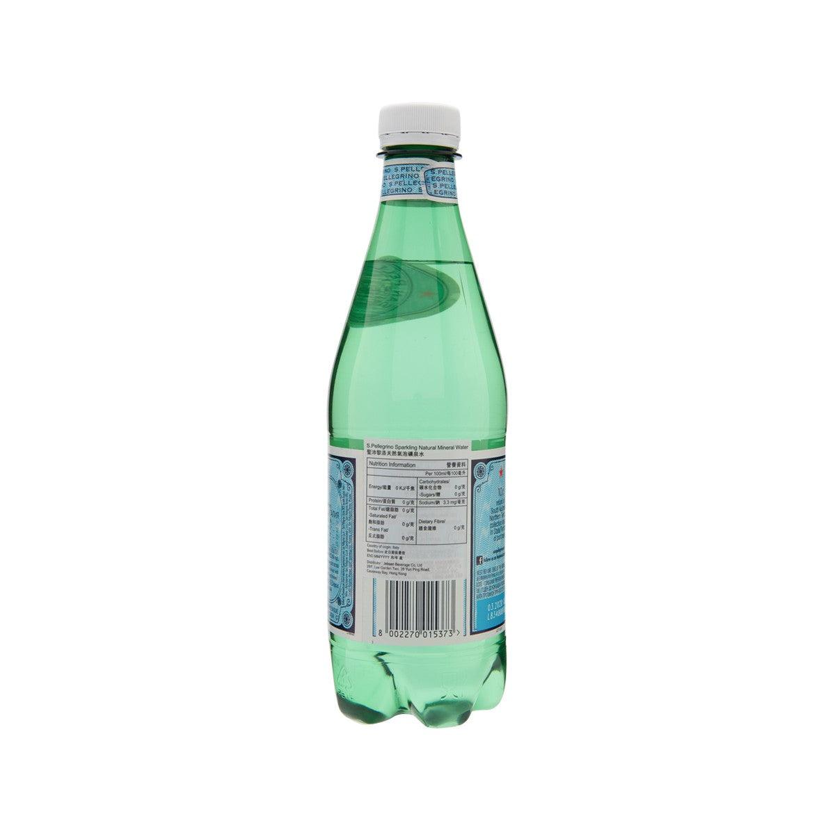 Sparkling mineral water bottle, 500 mL, green with blue back label and barcode