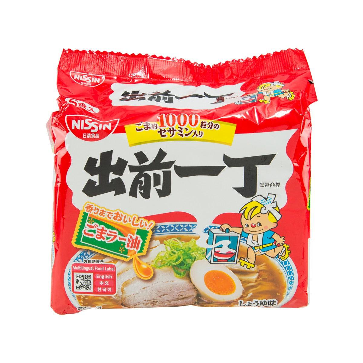 NISSIN instant noodles pouch, red package with large Japanese text and ramen bowl graphic