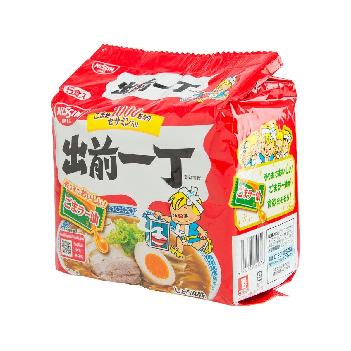 NISSIN instant noodles pouch, red package shown at an angle with cartoon character panel