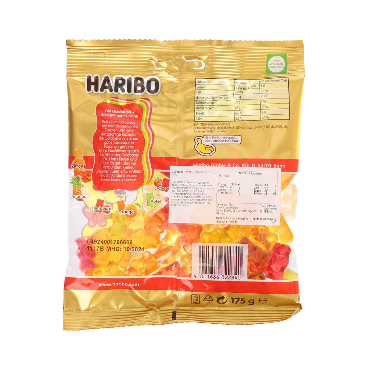 HARIBO Gold Bear fruit gummy bag, back view, 175 g