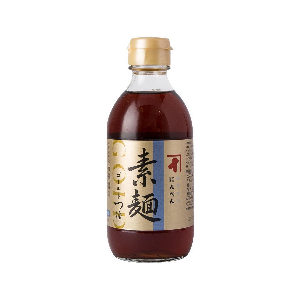 NINBEN soumen noodle sauce in dark reddish-brown bottle with gold cap, front label