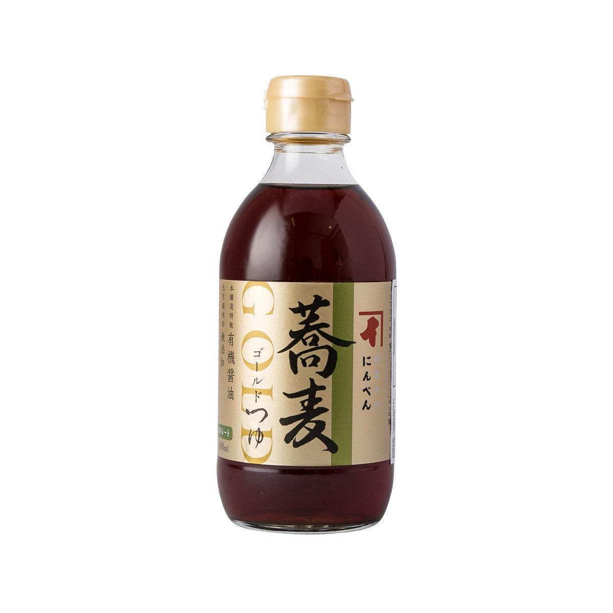 NINBEN soba noodle sauce bottle with gold cap, dark red liquid, front label