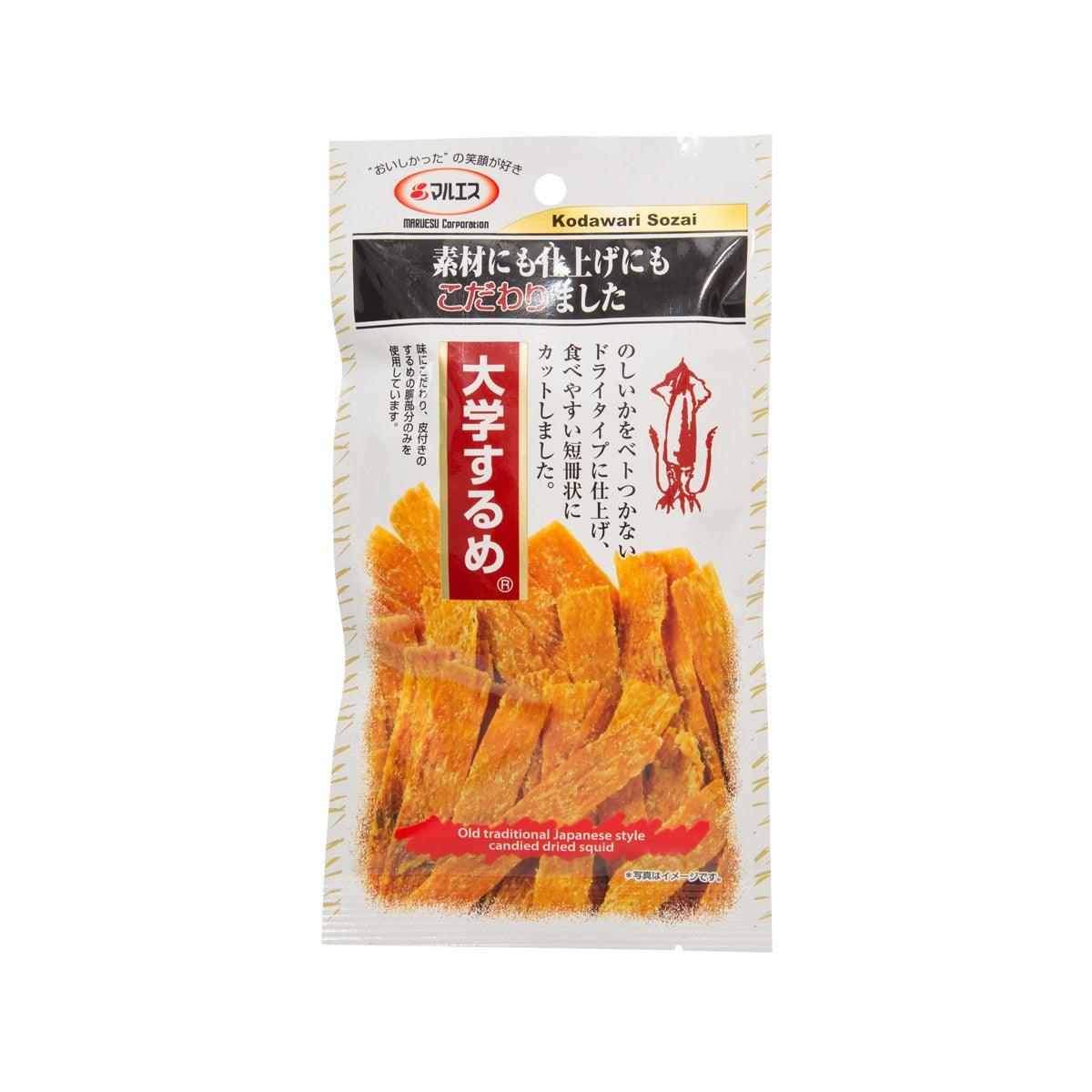 Candied dried squid snack pouch with orange squid strips