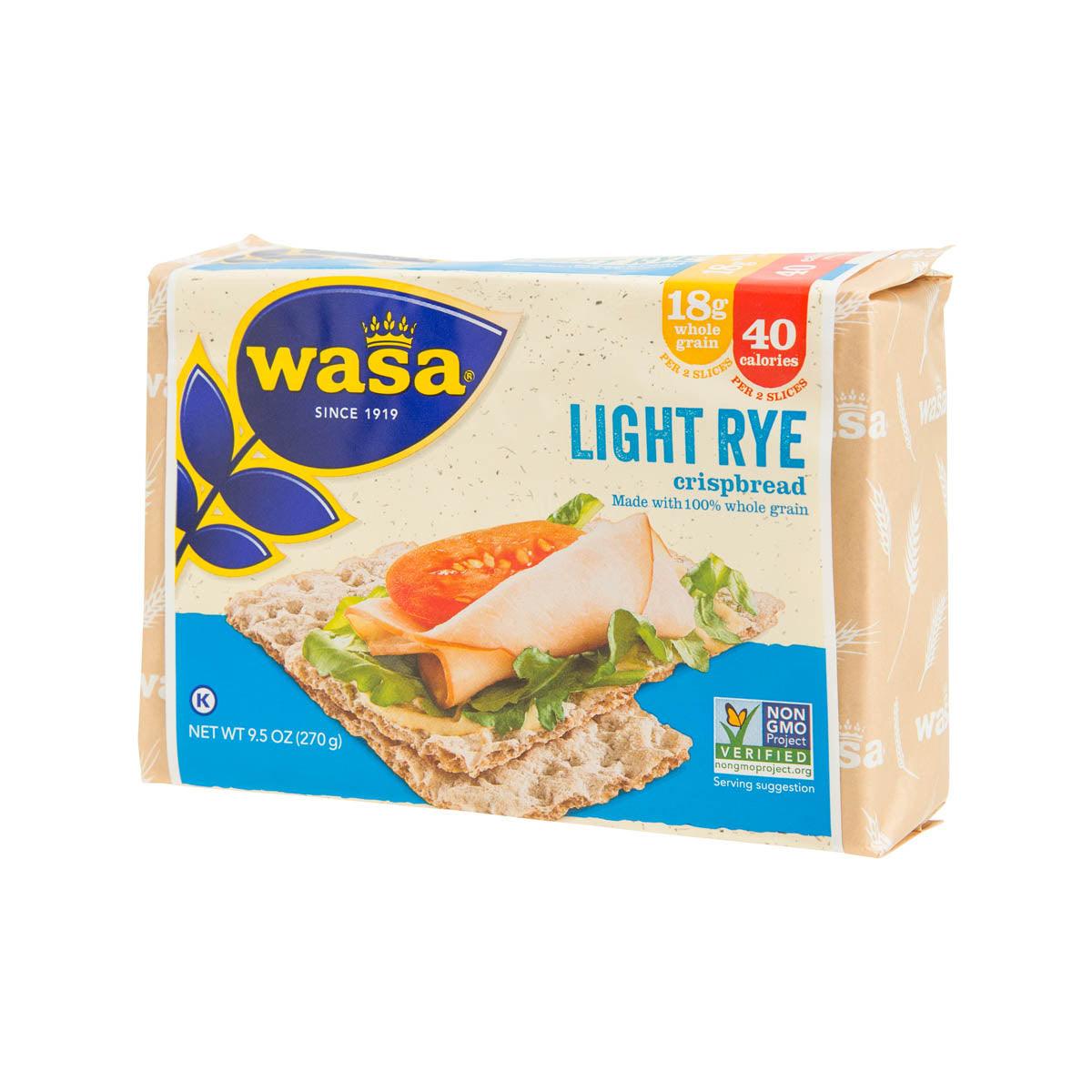 WASA Light Rye crispbread package front panel with Non-GMO badge and 40 calories