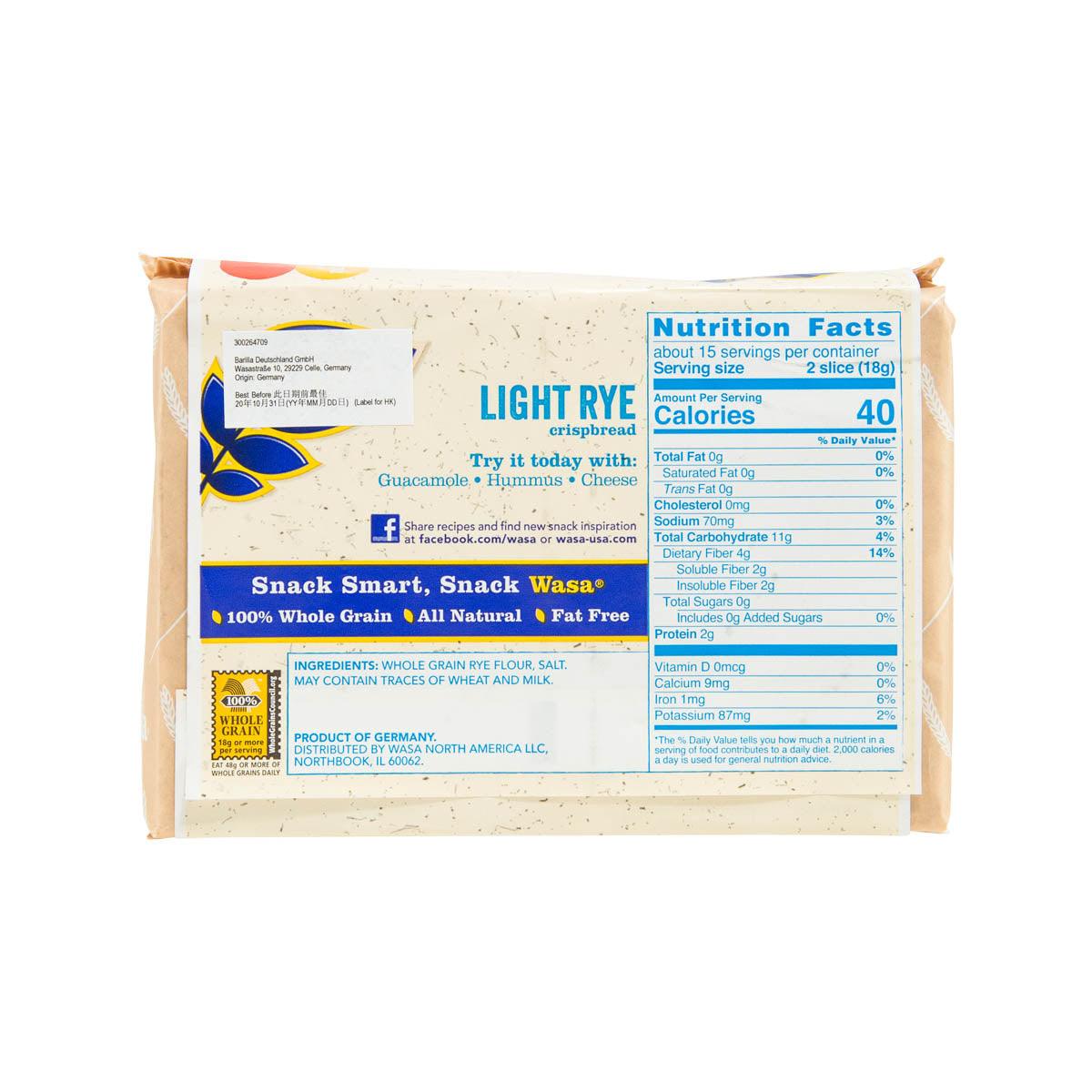WASA Light Rye crispbread package back panel with Nutrition Facts table