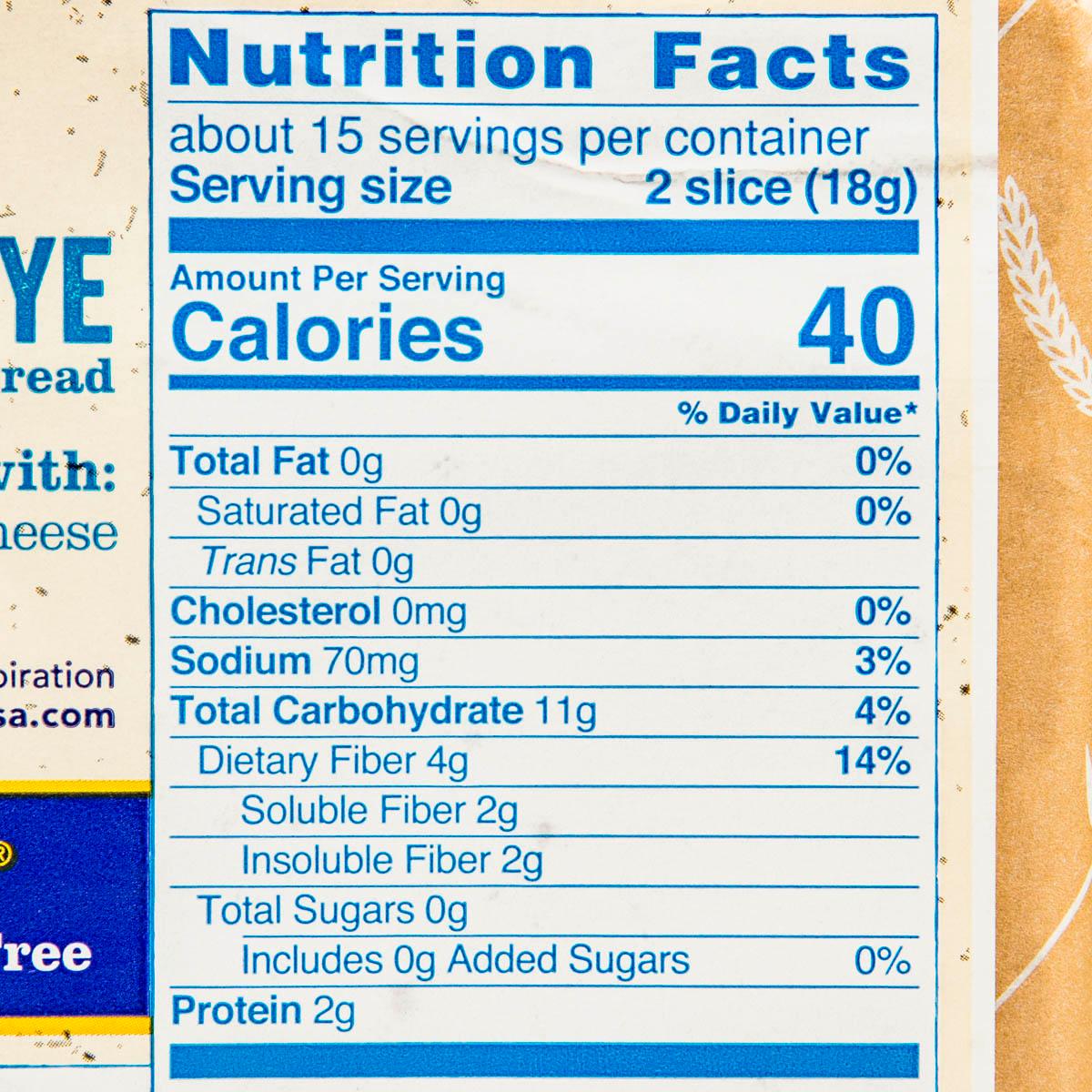 Nutrition Facts label showing 40 calories and serving size for rye crispbread