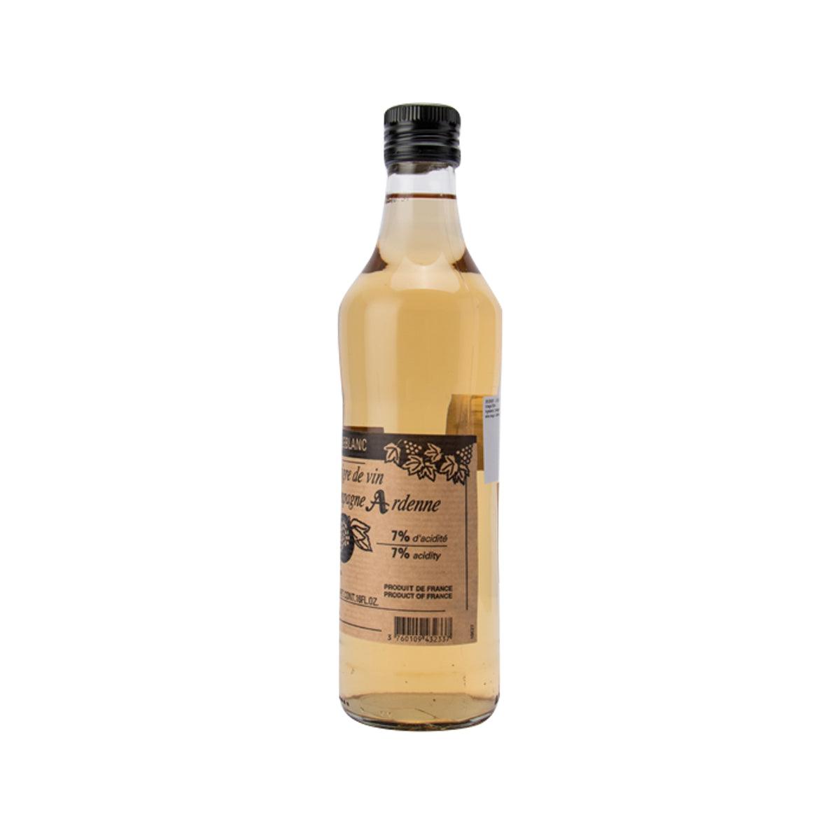 LE BLANC champagne vinegar bottle with front label, amber liquid, black cap, 500 mL