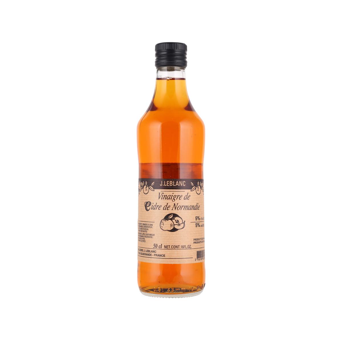 Cider vinegar bottle, amber liquid, front label, black cap, 500 mL