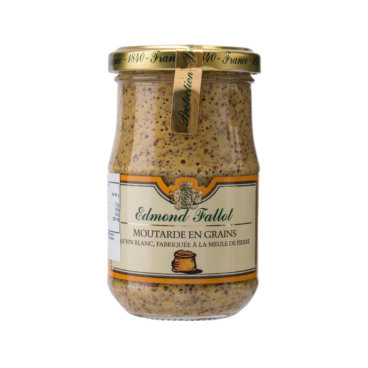 EDMOND FALLOT mustard with seeds jar, yellow-brown speckled glass container