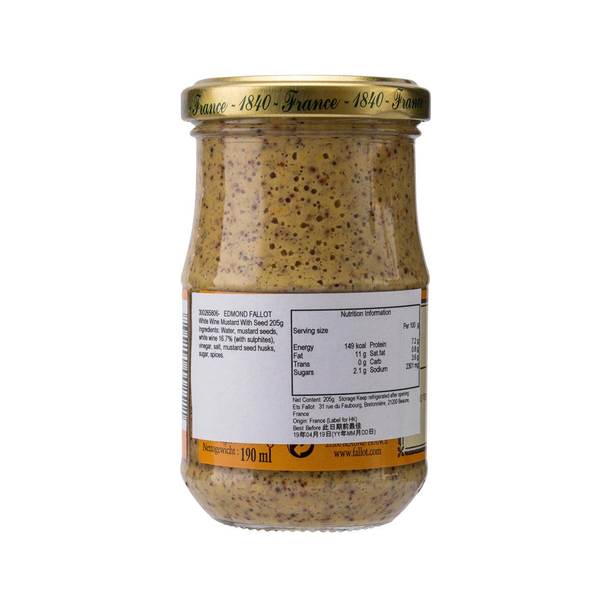 EDMOND FALLOT mustard jar with seeds, back label with nutrition and ingredients info