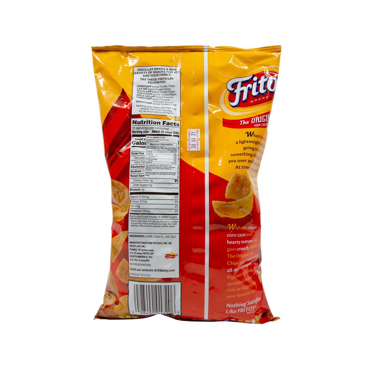 Fritos corn chips bag back with nutrition facts panel and barcode on yellow and red package.