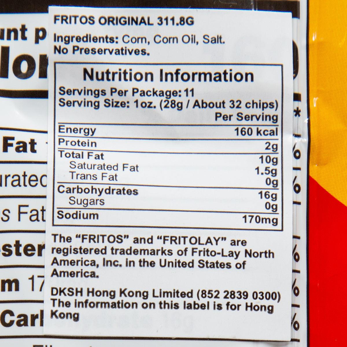 Nutrition information label on Fritos corn chips bag, including ingredients and serving size.