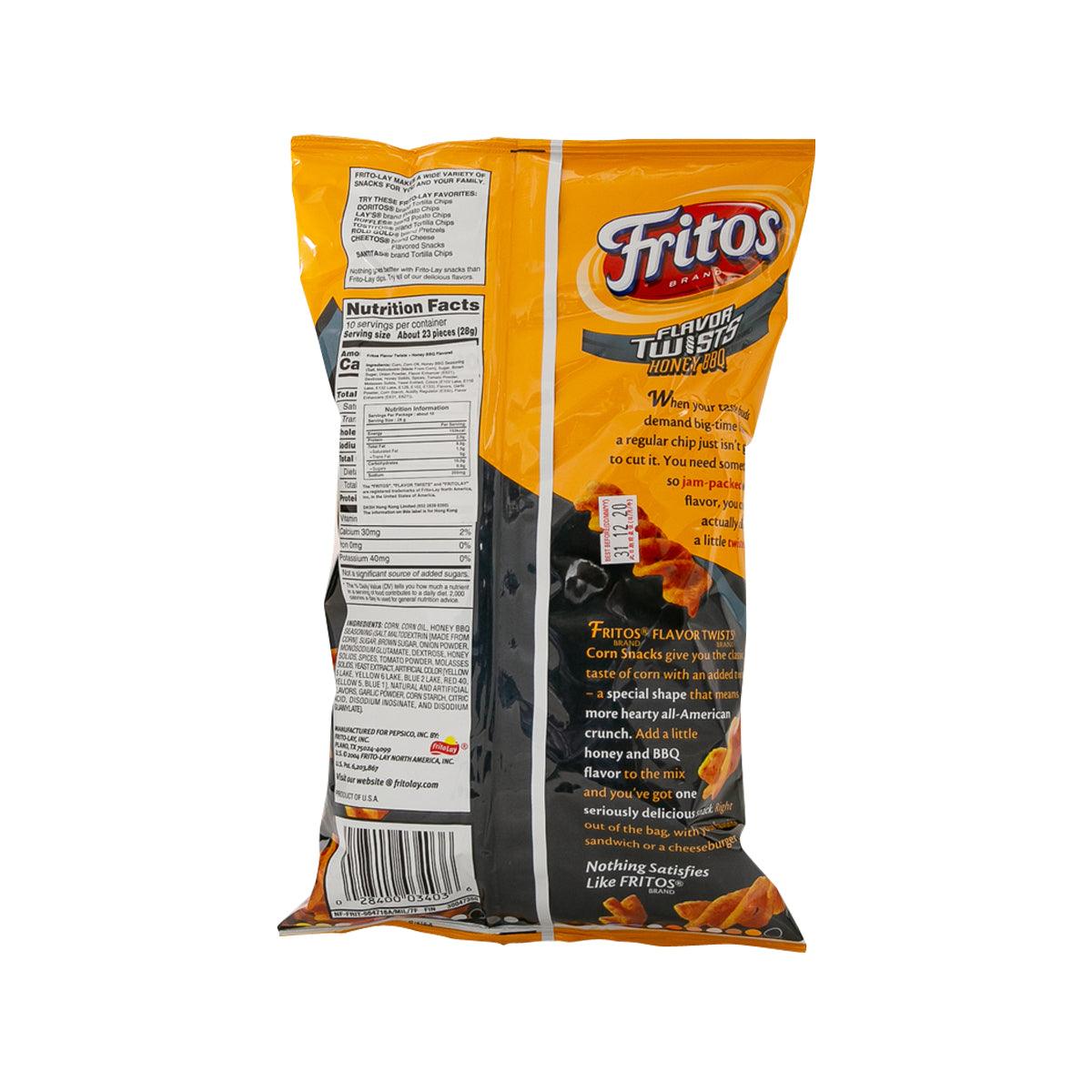 Fritos Flavor Twists Honey BBQ corn snack bag, back with nutrition facts