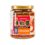 GOOD FAMILY chili sauce jar with brown-red sauce and gold lid