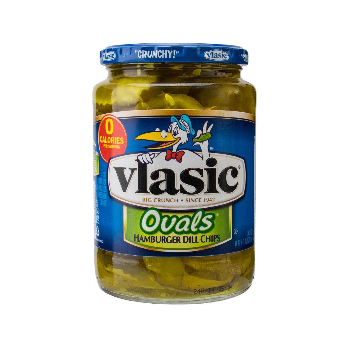 Vlasic hamburger dill chips jar, blue label and green pickles