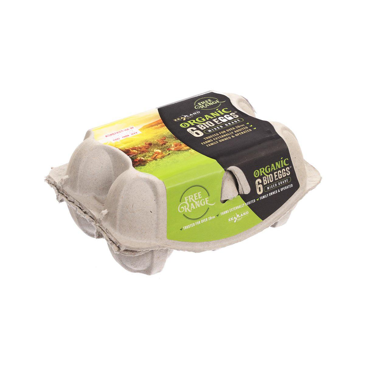ZEALAND FARMS organic bio eggs 6 pack carton, free-range, side view