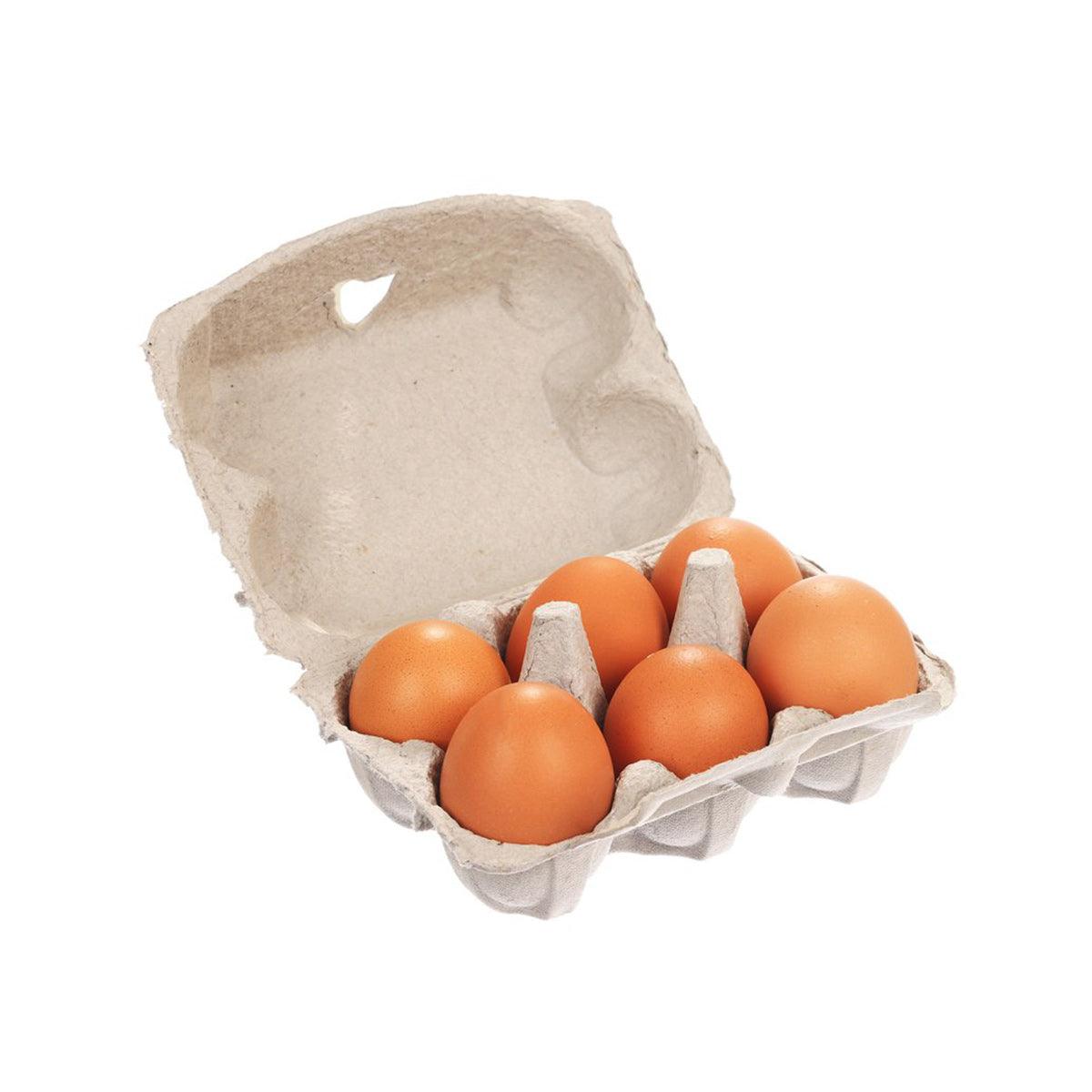 Open egg carton with six brown eggs