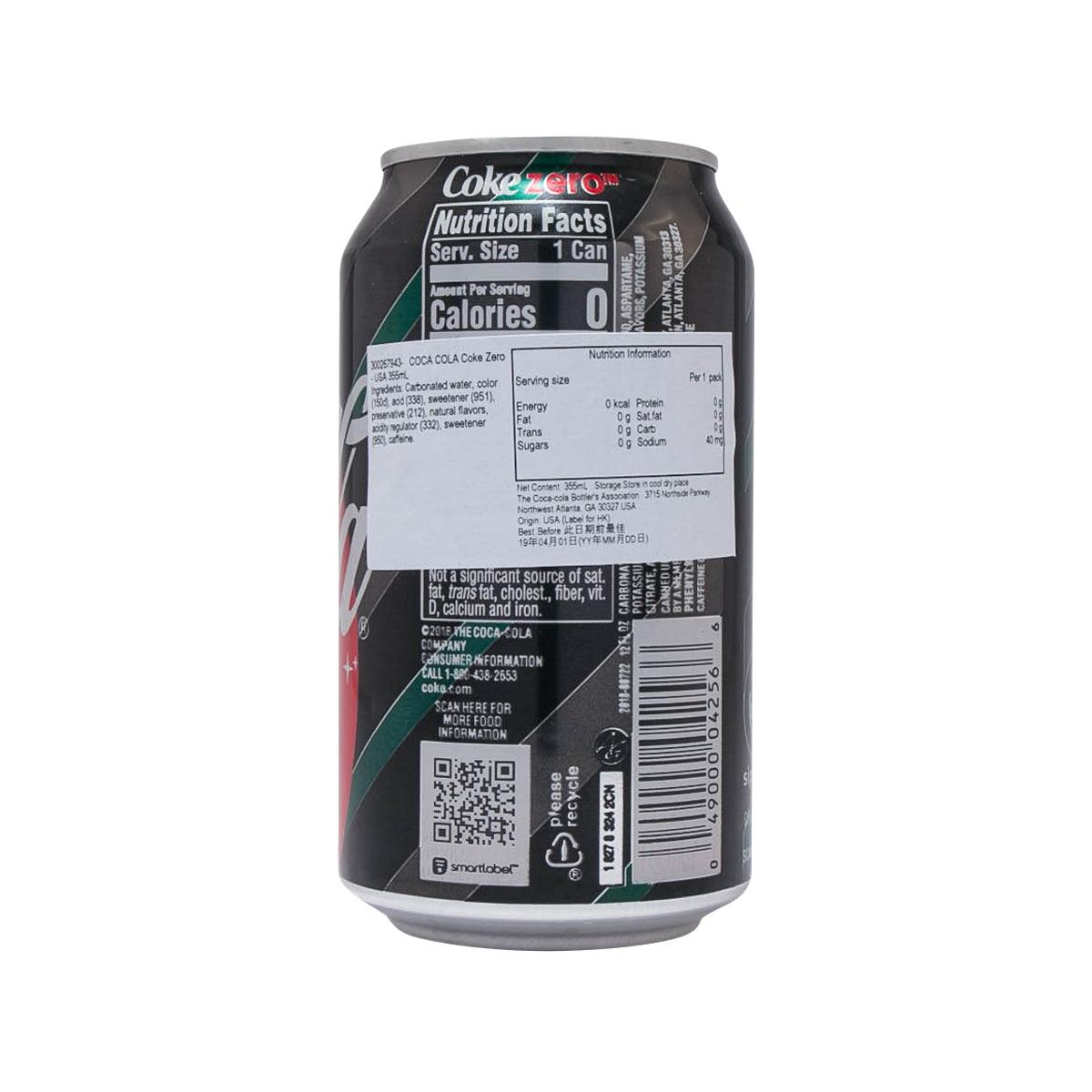 355 mL Coke Zero Sugar soda can, back with nutrition facts and barcode